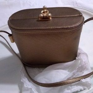 Retro 80's Bronze Hard Body Purse, Long Strap, Metal Feet, Unusual Clasp